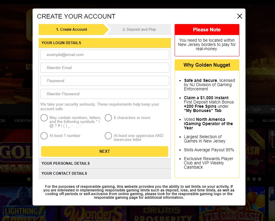 Sign up code form for Golden Nugget NJ